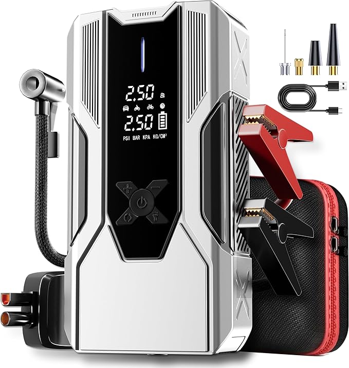 Emergency Portable Jump Starter with Air Compressor - 3000A 150PSI for Cars, Trucks & SUVs up to 9L Gas/7L Diesel, 12000mAh Portable Power Bank, -20°F Cold Start (Silver)