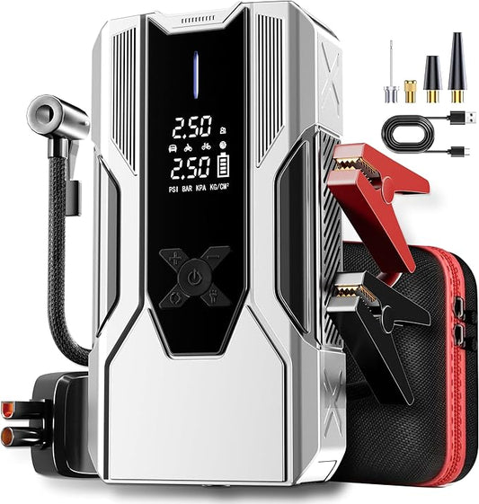 Emergency Portable Jump Starter with Air Compressor - 3000A 150PSI for Cars, Trucks & SUVs up to 9L Gas/7L Diesel, 12000mAh Portable Power Bank, -20°F Cold Start (Silver)