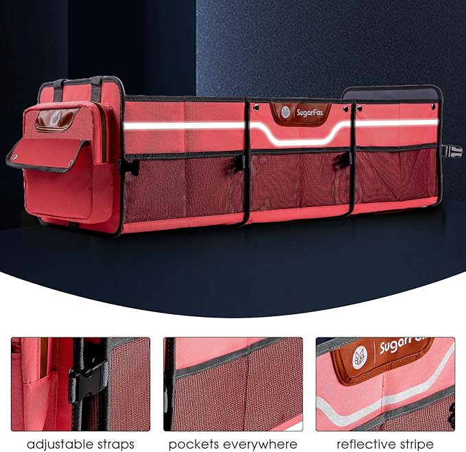 Car Trunk Organizer for SUV, Heavy Duty Waterproof Trunk Organizer, Foldable Collapsible Car Organizer with Cooler, Multi-Compartment Large Trunk Organizer (95L), Pink-M003