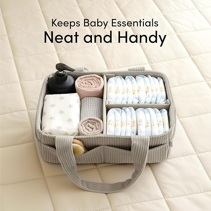 PUTSKA Baby Diaper Caddy Organizer for Changing Table – Stylish Nursery Storage Basket, Newborn Essentials, Baby Shower Gifts and Registry Must-Haves for Boy or Girl, Car Diaper Caddy, Corduroy Grey