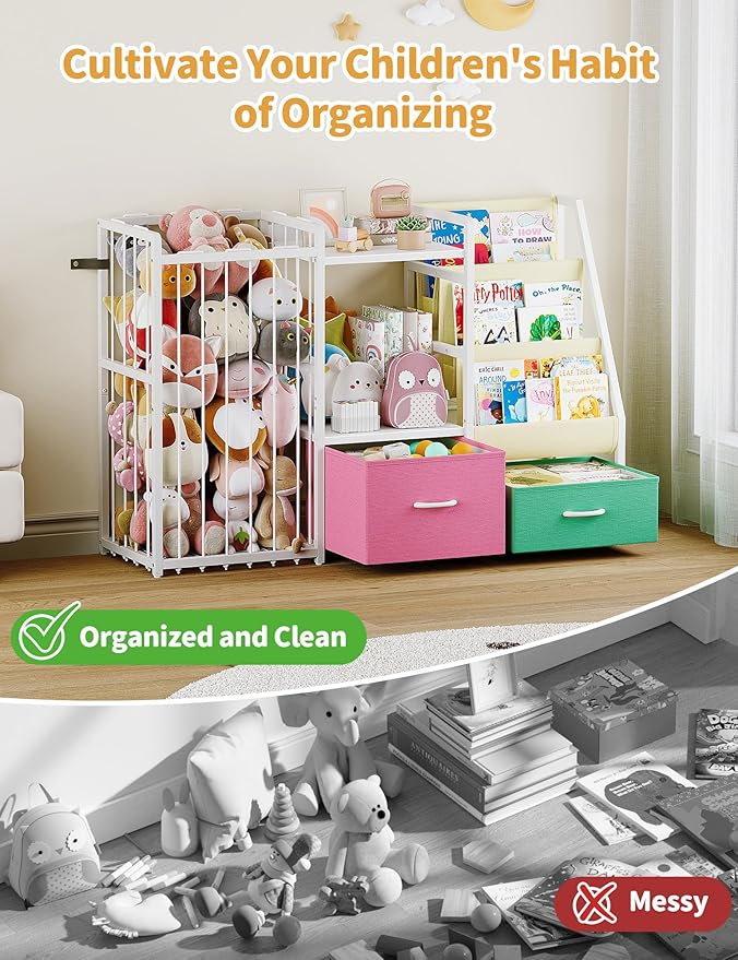 Kids Bookshelf and Toy Storage, Large 3 Tier Book Shelf for Kids Rooms, Sling Baby Bookcase with Stuffed Animal Storage, Toddler Montessori Bookshelf for Nursery, Playroom (Pink+Green)