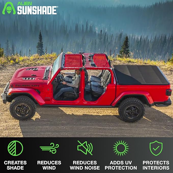 Alien Sunshade Jeep Gladiator Sun Shade Red (2018-2023) Jeep Gladiator Accessories, Front & Rear Mesh Sunshade, 4 Door Top, Reduces Wind & Noise Universal Fit