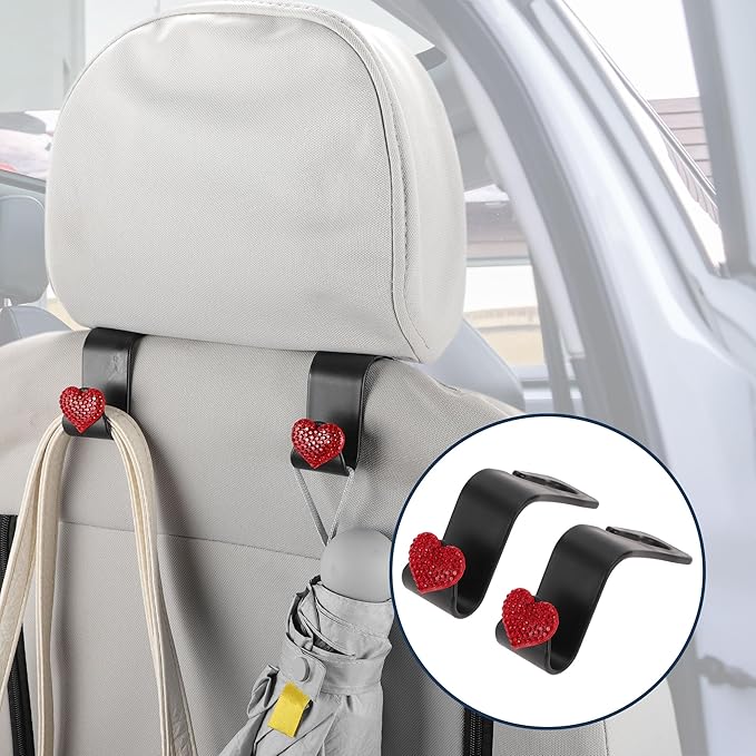 Car Seat Headrest Hook Interior Accessories for Most Car, SUV, Truck Car Seat Back Organizer Hooks Plastic Rhinestone Sturdy Red 2.4"x1.26"