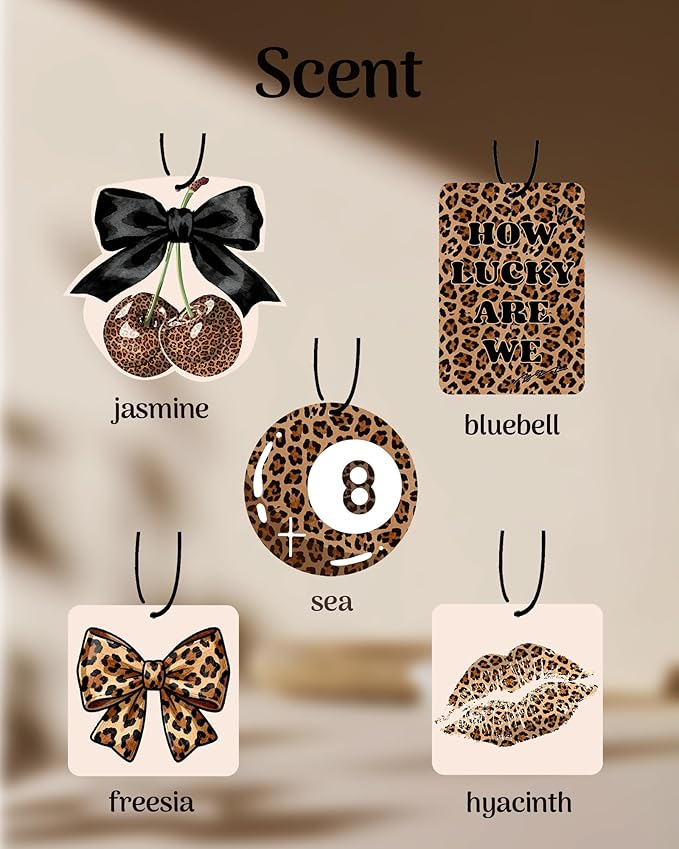 Leopard Print 5pcs Car Air Freshener Bow Coquette Cheetah Print Car Accessories Automotive Interior Hanging Scents Mirror Decor for Women Teen Girls Black