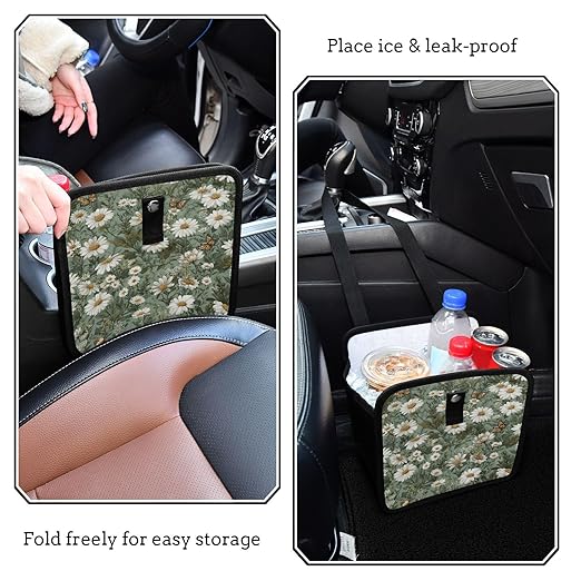 Car Trash Can Organizer Bin with Adjustable Strap for Back Front Seat Console Waterproof Leakproof Collapsible Portable 8.66 Inch Summer Daisy Butterfly Green
