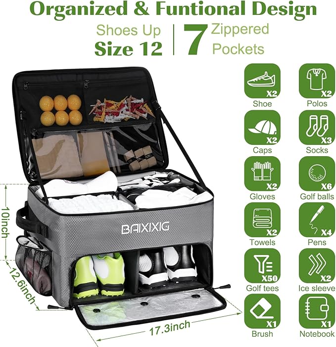Golf Trunk Organizer, Waterproof Car Golf Locker with Separate Ventilated Compartment for 2 Pair Shoes, Golf Storage for Balls, Tees, Cap, Clothes, Gloves, Accessories, Gifts for Men, Women