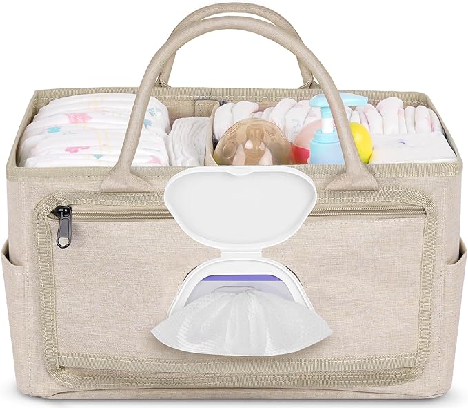 Diaper Caddy with Wipe Dispenser One-Handed Access, Premium Diaper Organizer, Portable Car Organizer Nursery Basket for Newborn Essentials, Baby Registry Must Haves for Boys & Girls, Beige