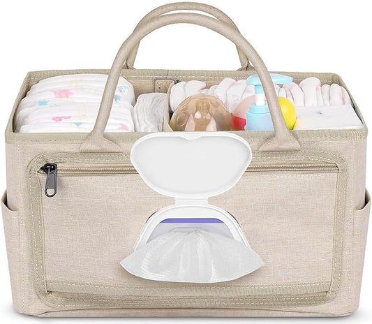 Diaper Caddy with Wipe Dispenser One-Handed Access, Premium Diaper Organizer, Portable Car Organizer Nursery Basket for Newborn Essentials, Baby Registry Must Haves for Boys & Girls, Beige