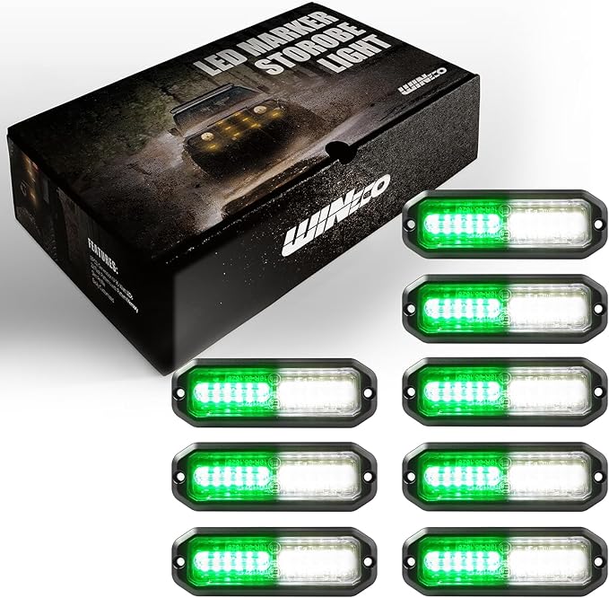 WINECO Green/White 8pcs Ultra Slim LED Emergency Strobe Police Lights, Surface Mount Grill Grille Hazard Safty Warning Flashing Light for Volunteer Trucks Vehicles