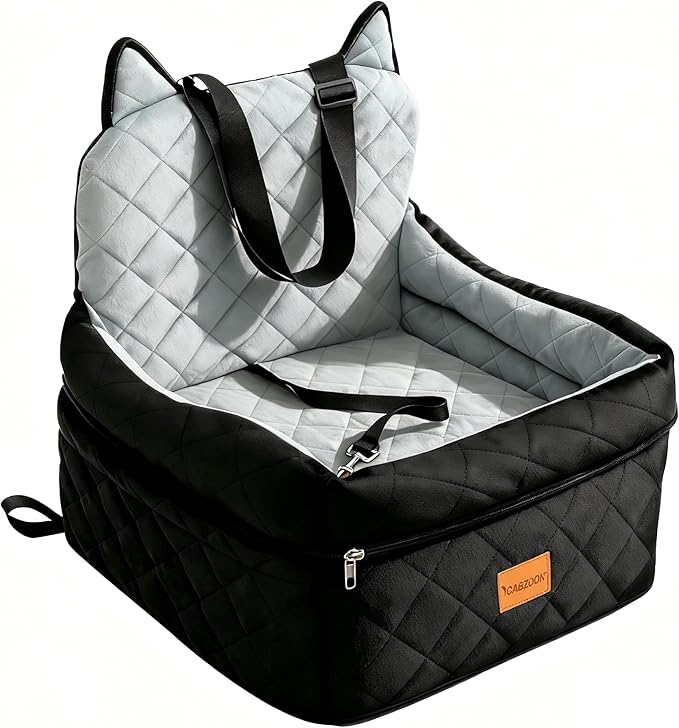 Dog Car Seat for Small/Medium Dogs Up to 35lbs,Elevated Cushion Fits in Front/Back Seat,Travel Safety Per Car Bed with Washable Removable Cover, Storage 2 Pockets Black-Grey
