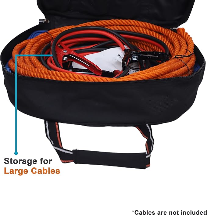 BULL TOOLS EV Charging & Jumper Cable Storage Bag's, Organizer 6 Pocket Handmade Carry Bag - 15x15x4 Inch Waterproof Ballistic Polyester Oval Bag, Cords, Small Tools, For Motor Vehicles - Black