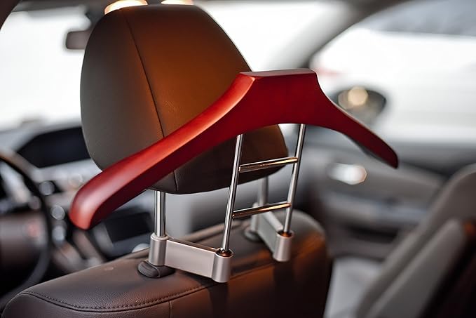 Maxsa 20022 Car Butler Coat Hanger for Cars, Perfect for Suit, Jacket, Overcoat, Shirt, Purse, and Accessories, Premium Solid Wood and Metal Design, Durable and Elegant Seat Organizer, Brown