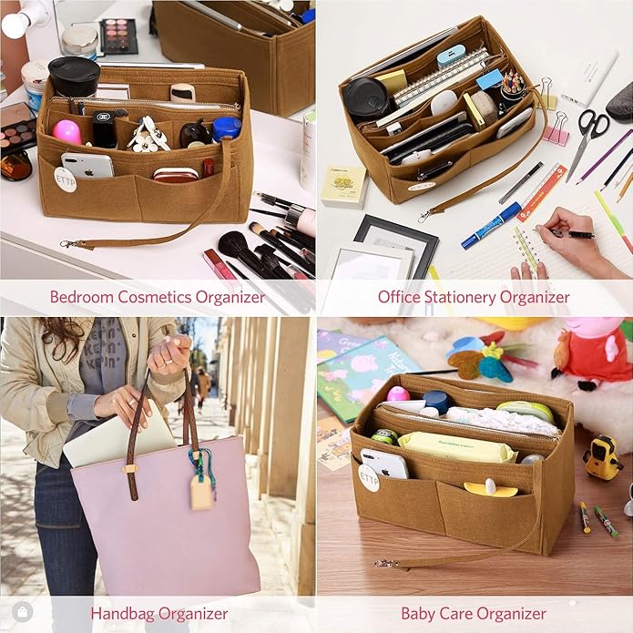 Purse Organizer Insert, Felt Tote Organizer Insert With Metal Zipper, Handbag Organizer For Speedy, Neverfull, Tote, Handbag, 7 Colors 5 Sizes