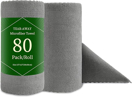 80 Pack Microfiber Cleaning Cloth Roll Reusable Paper Towels 12"x12" Tear Away Cloth, Microfiber Towels for Cars, Wash Cloths, Lint Free Dark Grey Rags for House, Kitchen,Window,Cleaning Supplies