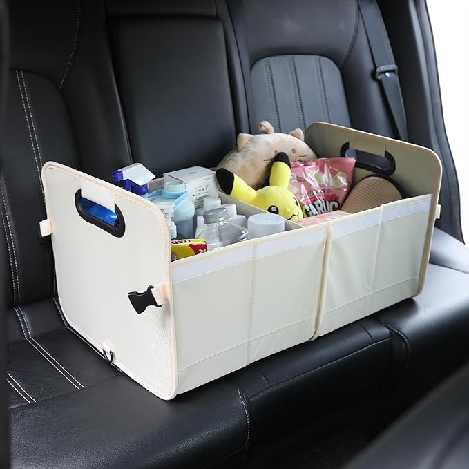 Car Trunk Organizer With Soft Cover and Storage Bin Essentials Collapsible Organization Accessories for SUV/Sedan Beige