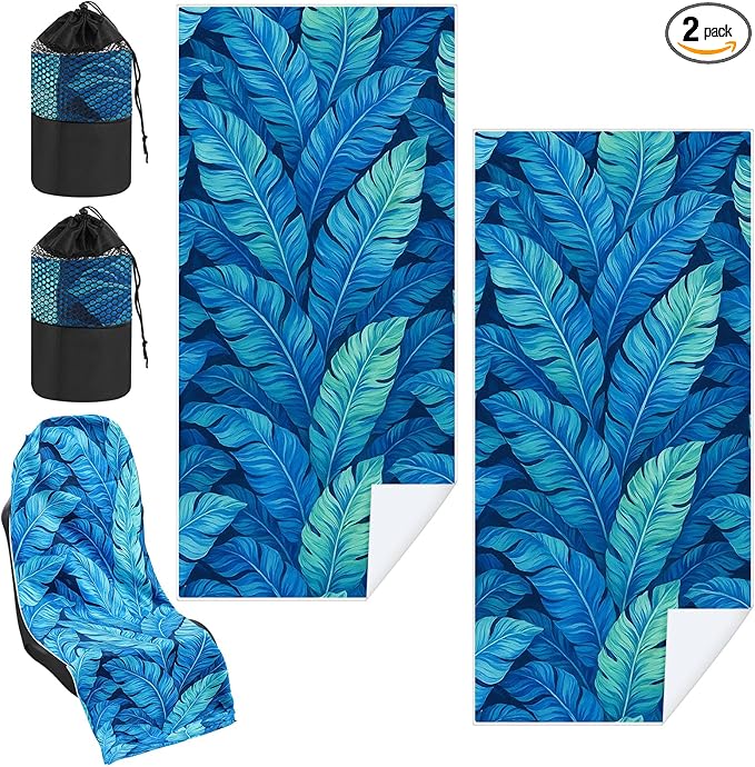 Hahafelt 2 Pack Car Seat Towel Covers with Storage Bag 63 x 32 Inch Athletic Running Towel Seat Sweat Washable Non Slip Cover Gift for Car Outdoor Sport Activities (Blue Leaves)
