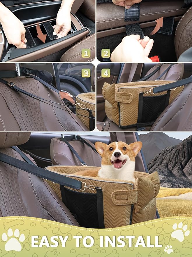 Prpeko Small Dog Car Seat, Portable Dog Seat with Soft Washable Cushion,Center Console Dog Car Seat for Small Dogs Up to 13lbs(Brown)