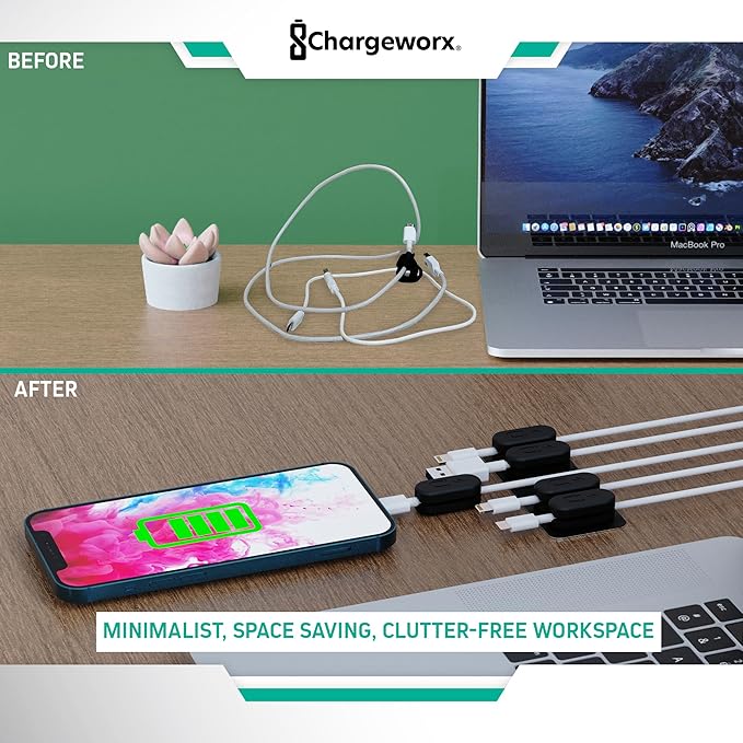 CHARGEWORX Magnetic Cable Clips 20-Pack – Adhesive Cord Organizer for Desk, Wall, Nightstand & Car – Magnetic Cable Holder for USB-C, Lightning, HDMI & Charging Cables – Cable Management Clips