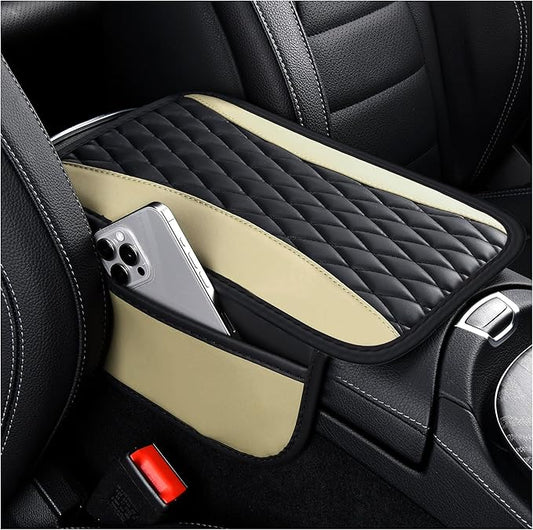 IHOTDER Patchwork Leather Center Console Covers for Cars,Upgraded Arm Rest Cover for Car with Side Storage Pocket for Car Seat Organizer,Middle Console Cover Stylish Car Decoration (Beige)