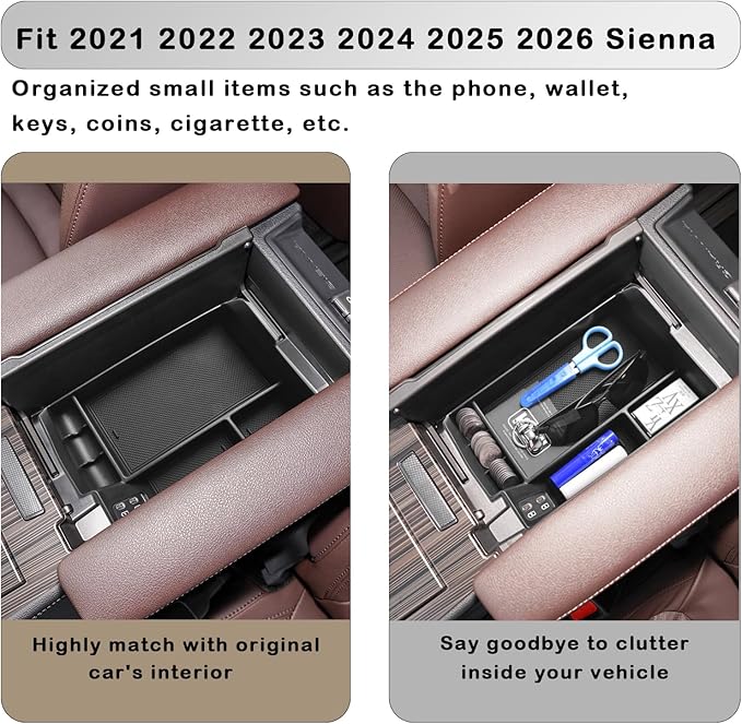 HGWEI Center Console Organizer Tray Compatible with 2021-2026 Toyota Sienna Accessories, Sienna LE Limited Platinum SE XLE XSE Coin Container Armrest Secondary Storage Box, Black