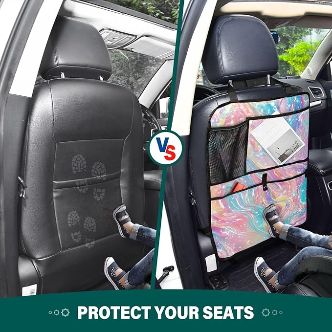 2 Pack Back Seat Car Organizer with Storage Pockets Kick Mats Back Seat Protector Hanging Car Organizer Automotive Seat Back Cover Organizers Pink Liquid Gradient