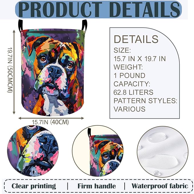 Boxer Dog Laundry Basket Hamper 19.7"x15.8", Colorful Pet Foldable Waterproof Oxford Clothes Storage Bucket for Room Bathroom Bedroom Nursery Decor, Toy Organizer Bins Gifts for Kids Boys Girls