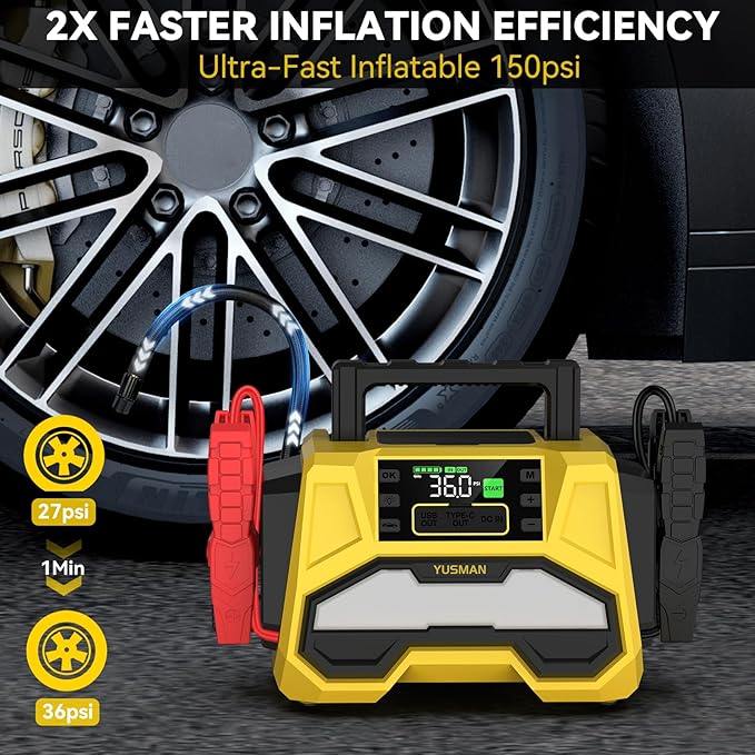 Jump Starter with Air Compressor, 9000A 150PSI Car Jump Starter, 24000mAh Portable Jump Starter Pack(All Gas/12.0L Diesel), 12V Battery Jump Starter with Display, USB Port, 2 LED Light
