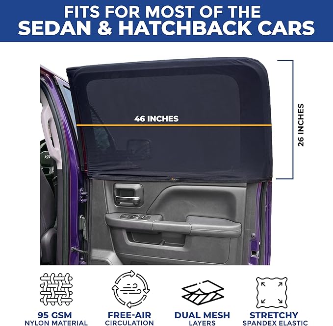 EcoNour Car Side Window Sun Shade (Pack of 2) | Stretchable & Breathable Car Window Screens for Complete Sun & Privacy Protection | Fits Most Truck, SUV and Minivan (XL 46" x 26")