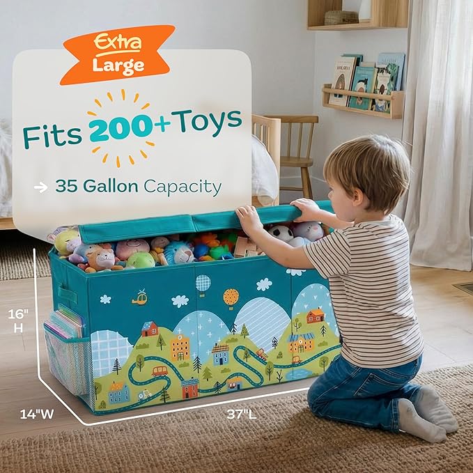 Extra Large Toy Storage Organizer with Lid - Sturdy, Collapsible Toy Chest Storage Box with Cute Design - Toys Bin with Dividers for Kids, Boys, Girls, Nursery, Bedroom, Play room 37"x16"x14"