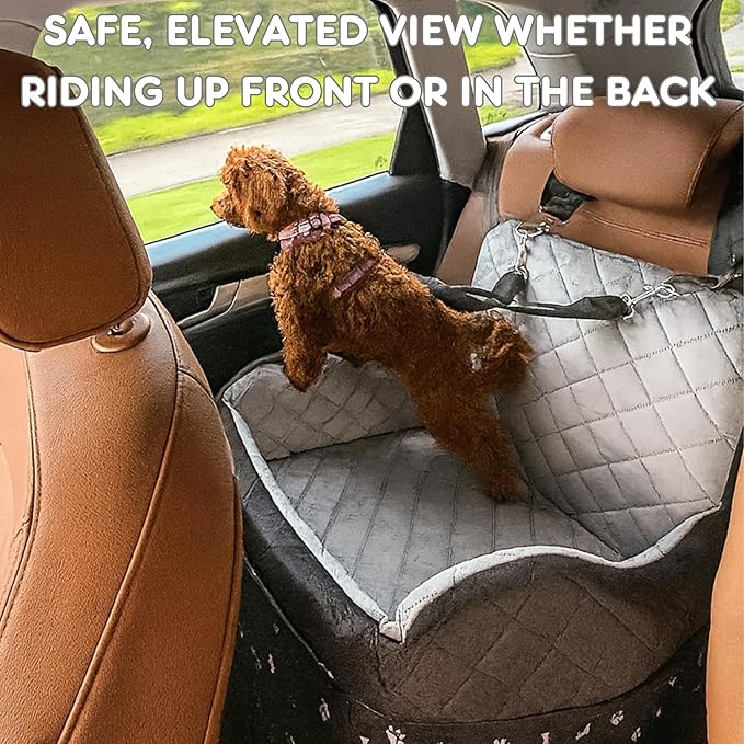 OtterPets Small Dog Car Seat, Memory Foam Dog Booster Car Seats with Thick Cushion for Medium Dogs Under 35lbs, 3 Storage Pockets with Zipper, 2 Safety Belts (Medium Bonus Harness Included)