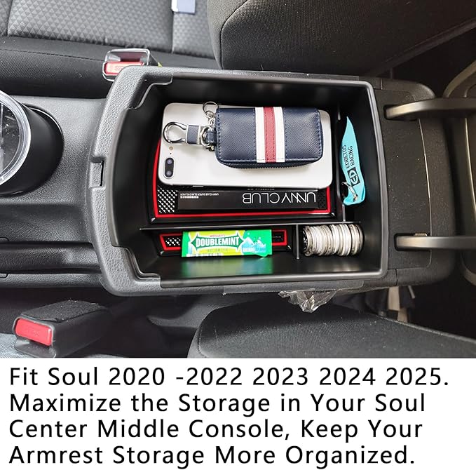 EDBETOS Center Console Organizer Tray Compatible with KIA Soul 2020 2021 2022 2023 2024 2025 Accessories EV S LX GT-Line EX Turbo, Interior Secondary Armrest Storage Box ABS Insert Tray, Red Trim