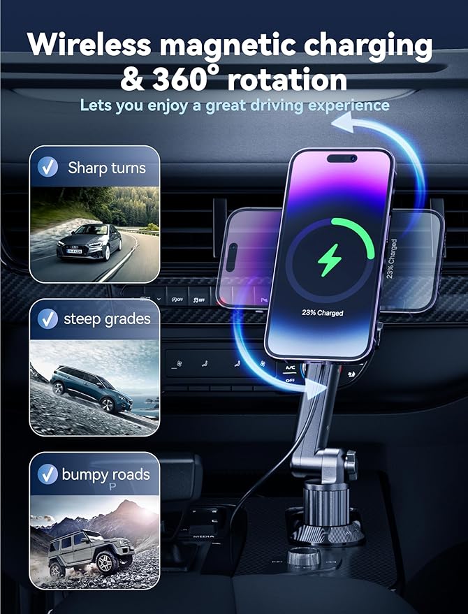 TOPGO Cup Phone Holder Wireless Charger, Magnetic Phone Holder Car Wireless Charger, Fast Charging for iPhone 17/17 Air/17 Pro/17 Pro Max, Galaxy - Black