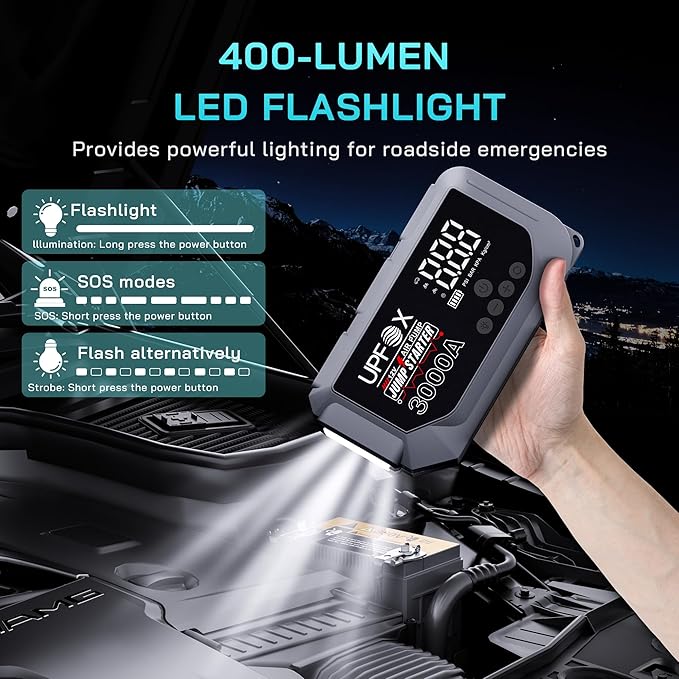 3000A Jump Starter with Air Compressor 12V, 44.4Wh Portable Car Jump Starter for 8.0L Gas & 6.0L Diesel Engines, 150PSI Tire Inflator with LED Display, Emergency Jump Box with Jumper Cables