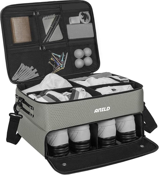 ANILD Golf Trunk Organizer, 2 Layer Golf Storage Case with Separate Ventilated Compartment for 2 Pair Shoes, for Balls, Tees, Clothes, Gloves, Accessories, Golfer Gifts