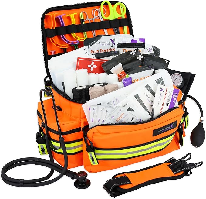 Lightning X Mid-Sized First Responder EMT Bag | LXMB25 | Fully Stocked w/ 240+ First Aid, EMS & Trauma Supplies - Orange