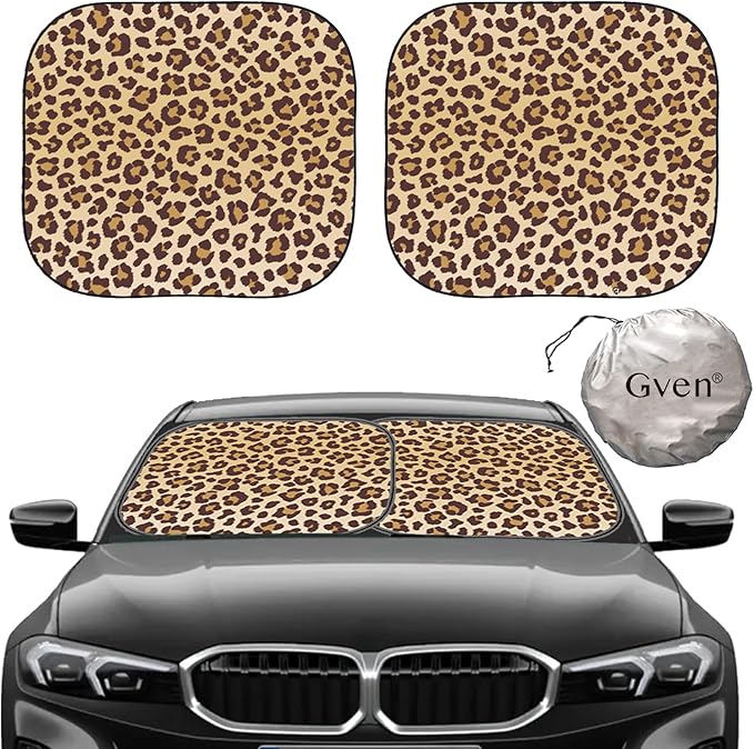 Gven Windshield Sun Shade 2pcs with Bonus Car Sunshade for Front Window Shades 2025 Technology Reflect UV and Heat Sun Visor Automotive Interior Sun Protection (Leopard, S)