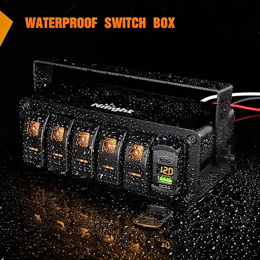 Nilight 5 Gang Rocker Switch Box 12V SPST ON Off Toggle Switches PD Type C and QC 3.0 USB Sockcet Voltmeter Orange LED Light Waterproof Aluminum Mount Bracket Panel DIY Stickers for Boat Car RV Truck
