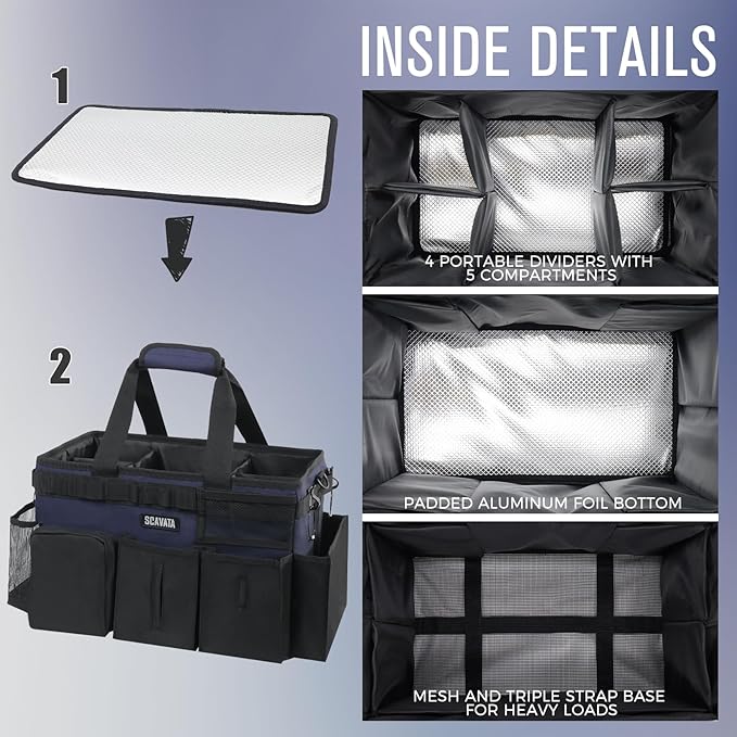 Wearable Cleaning Caddy Bag, Cleaning Caddy Supplies Organizer with Handle & Shoulder Straps for Housekeepers, Under Sink & Car Cleaning Tool Organizers with 4 Foldable Divider Navy (DarkBlue)