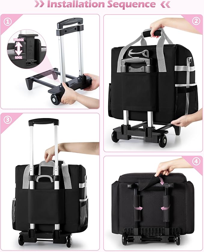 Large Rolling Cleaning Caddy Bag with Detachable Trolley, Cleaning Supplies Organizer with Wheels for Housekeepers, Black