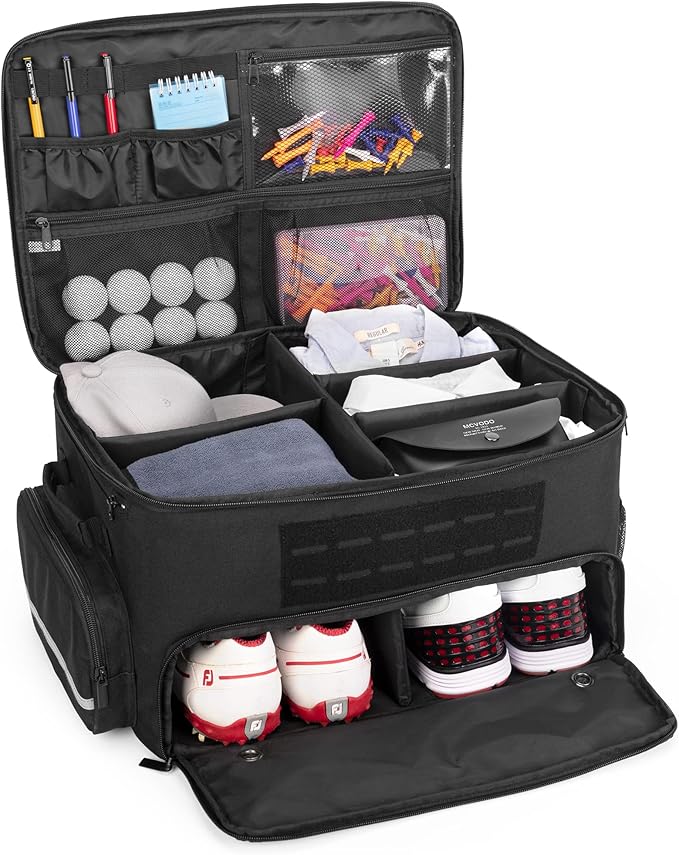 Golf Trunk Organizer Storage with Separate Compartment for 2 Pair Shoes Up to US Mens 16, Golf Car Locker Organizer for Balls, Tees, Clothes, Gloves, Accessories, Black