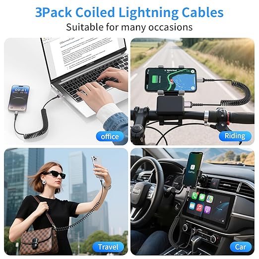 3 Pack Coiled Lightning Cable for Car [MFi Certified] Retractable iPhone Charger Apple CarPlay USB to Lightning Cord Fast Charging for iPhone 14 13 12 11 Pro Max Mini XR XS 8 SE