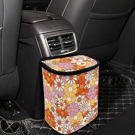 KEIAHUAN Car Garbage Can for Back Seat with Lid Abstract Hippie Flower Reusable Save Space Car Trash Bin Large Capacity Hanging Multipurpose Trash Bag for Automotive Office Home