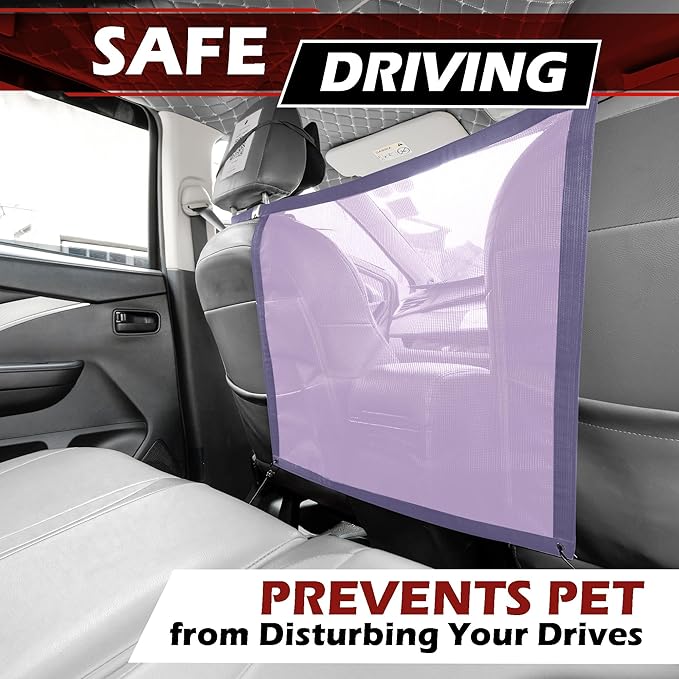 Universal Dog Car Net Barrier – Sturdy Mesh, Easy Install, Breathable Design, Easy to Clean, Flexible Bungee Cords for Adjustable Fit 23"×23" (Purple)