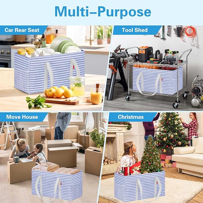 LHZK Standing Extra Large Utility Tote Bag with Metal Wire Frame and the Sides Rinforced, Extra Large Tote Bag with Handle, Reusable Grocery Bags Foldable, Beach Bag, Car Tote (Blue)