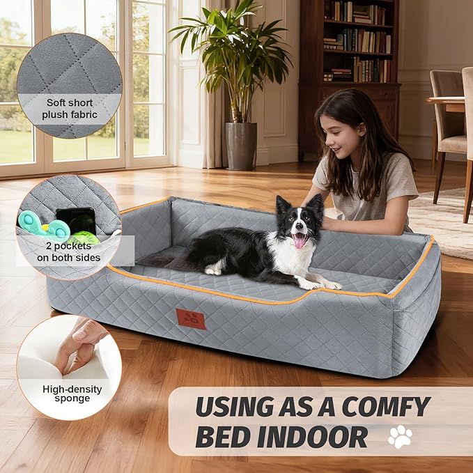 XIEEAOZEE Large Dog Car Seat for Dods Under 100 Lbs, Memory Foam Dog Car Bed for Backseat & Trunk, Detachable and Washable Cover, Pet Travel Seat with Storage Pockets, 2 Safety Belts