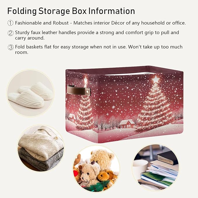 Christmas Tree Red Storage Basket with Waterproof Liner and PU Handles Xmas Winter Snow Scene Storage Bins Boxes 14.2" Collapsible Decorative Organizer Baskets for Bedroom Closet Office 1 Pack