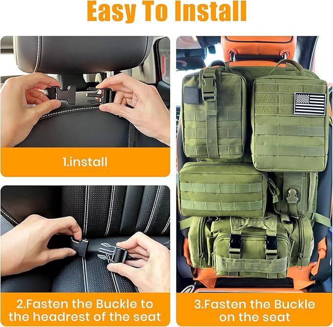 6 Pack Tactical MOLLE Car Seat Back Organizer - Universal Vehicle Storage Bag with 5 Detachable MOLLE Pouches, US Flag Patch & Keychain, Fits Jeep, Truck, SUV, Car, (Grenn)