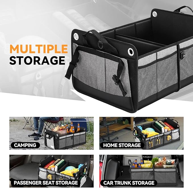Auto Dynasty Collapsible Car Trunk Organizer, Grey Foldable Cargo Storage Container with Water Resistant Fabric for Car Accessories, SUV, Van, Tools, 2 Compartments