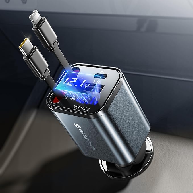 MAGIC JOHN Retractable Car Charger, 4 in 1 Fast Charging Car Phone Charger, 69W USB-C Car Truck Accessories, Travel Essentials Gifts for Women Men, for iPhone 17 ProMax/16/15/14/13/12, Samsung Galaxy