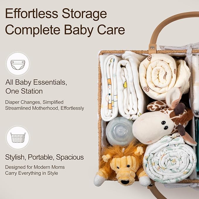 HBlife Baby Diaper Caddy Organizer, Paper Rope Storage Baskets Nursery Bin with Removable Divider, Portable Car Organizer for Diapers, Baby Shower Gifts, Newborn Essentials Must Haves